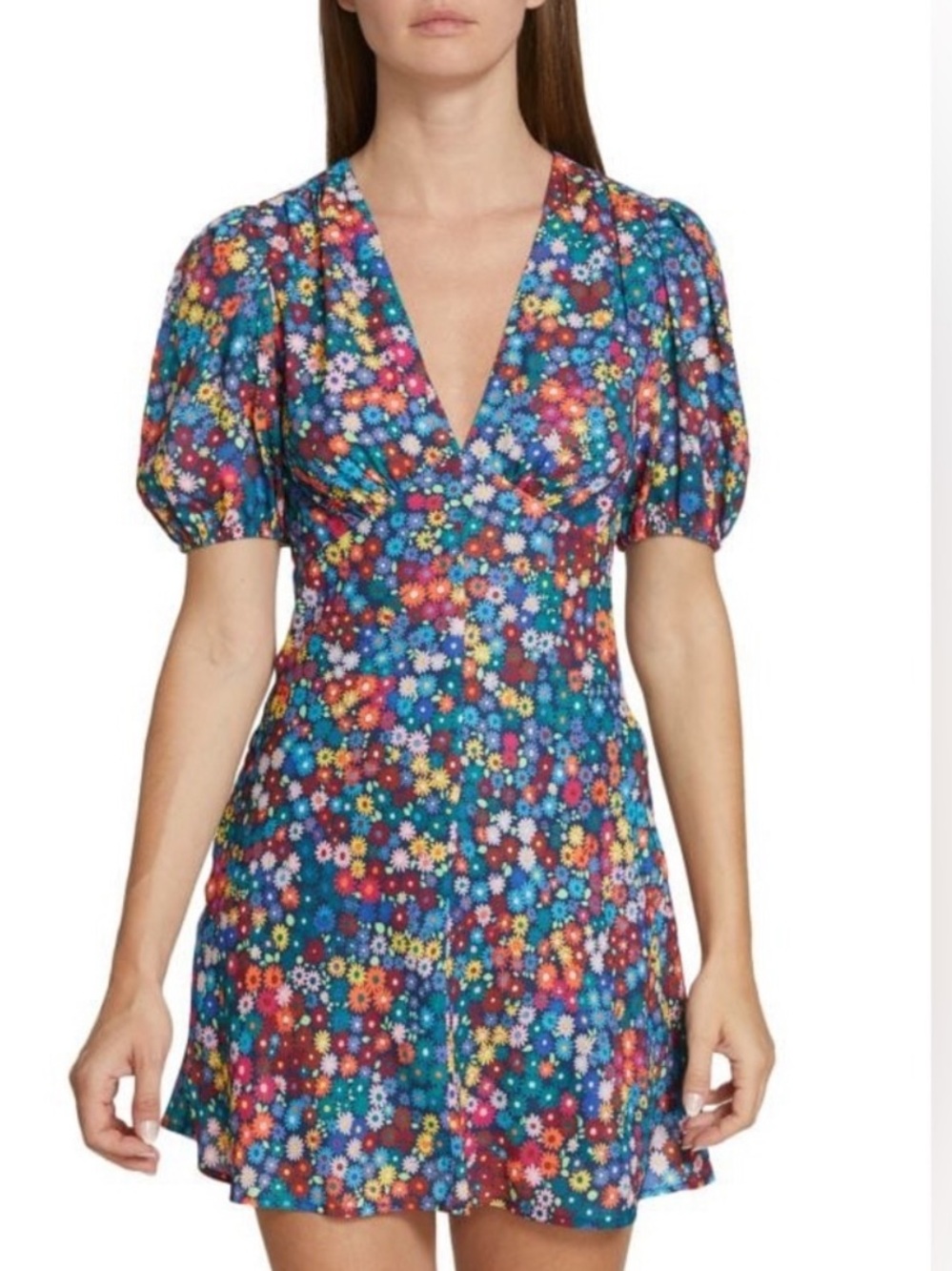 STAUD Floral V-Neck Puff Sleeve Mini Dress in Blue Multi